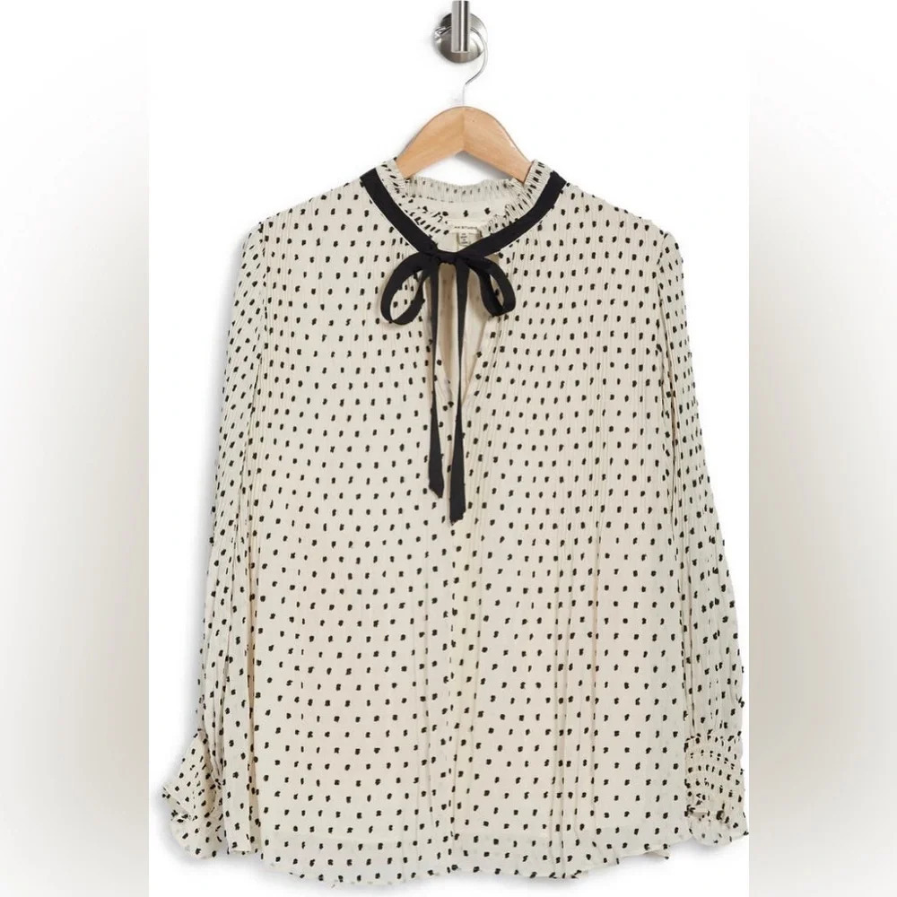 MAX STUDIO Tie Neck Clip-Dot Pleated Blouse, Black/White, 1X, NWT